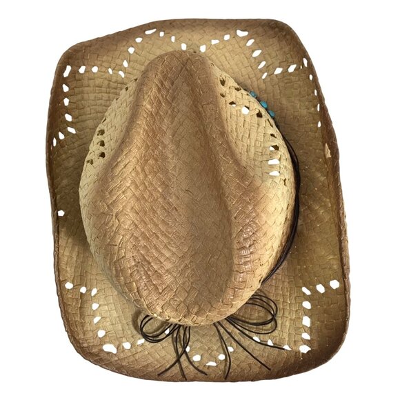 Western Woven Straw Cowboy Hat Turquoise Beaded Band Cutout Design Unisex OS - Picture 6 of 7